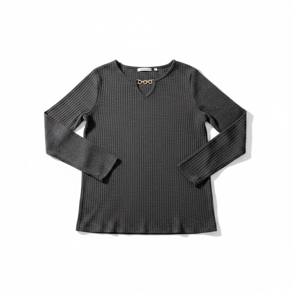 Notations Womens M Charcoal Gray Ribbed Long Sleeve Top Gold Chain Casual Preppy